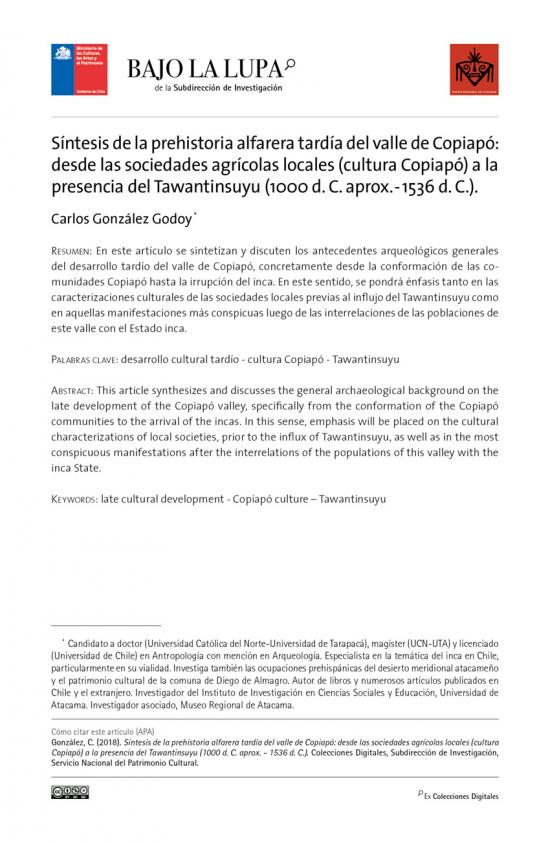 Síntesis de la prehistoria alfarera tardía del valle de Copiapó. Desde las sociedades agrícolas locales (cultura Copiapó) a la presencia del Tawantinsuyu (1000 d. C. aprox. - 1536 d. C.)